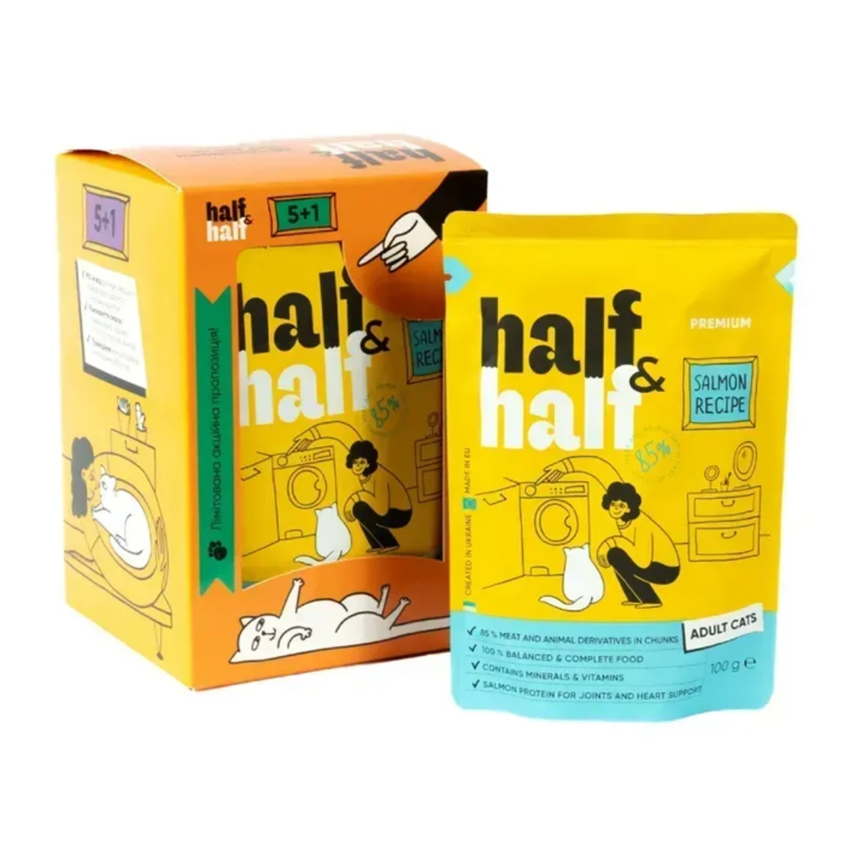 Набір паучів Half&Half для дорослих котів з лососем у желе 5+1 шт х 100 г