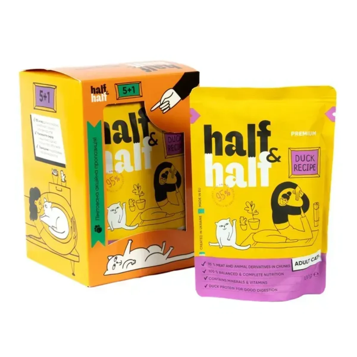 Набір паучів Half&Half для дорослих котів з качкою в соусі 5+1 шт х 100 г
