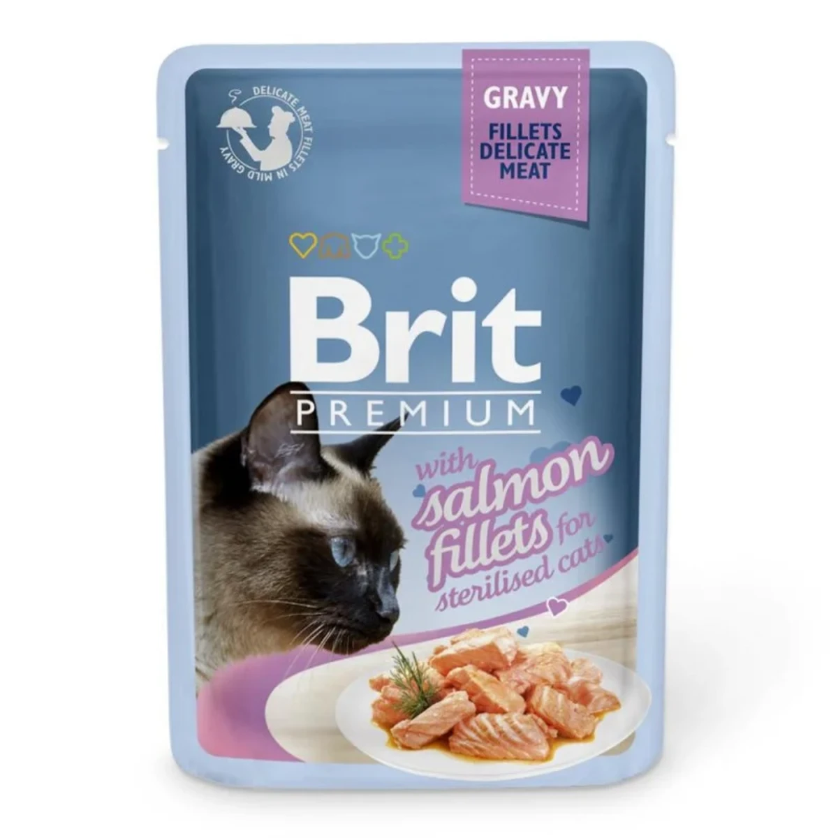 Корм вологий Brit Premium Cat Sterilised Salmon Fillets Gravy pouch для стерилізованих котів, філе лосося в соусі 85 г