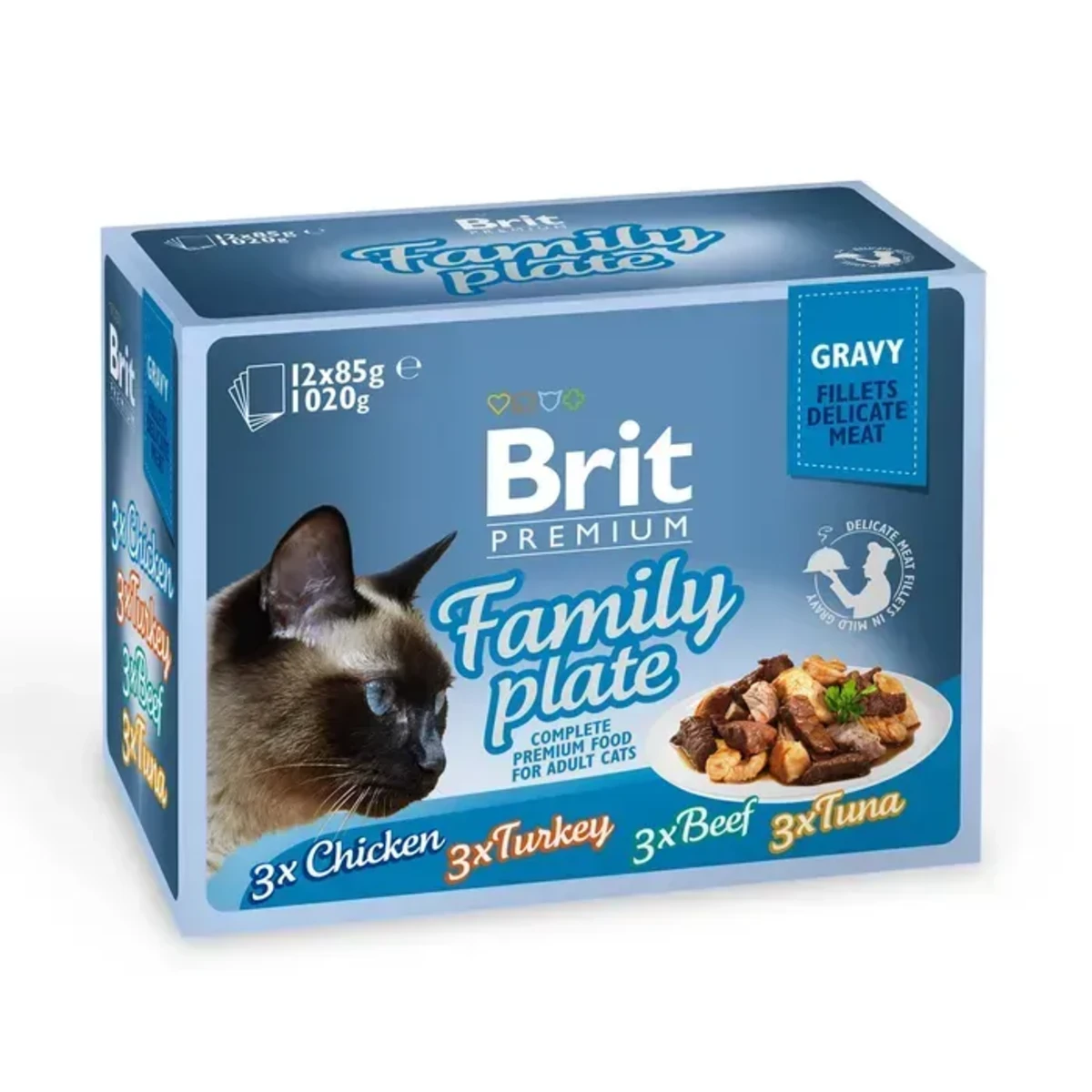 Корм вологий Brit Premium Cat Family Plate Gravy pouches набір для котів м’ясна тарілка в соусі курка та індичка з яловичиною і горохом 12 шт. х 85 г